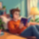 A person enjoying an audiobook with headphones in a cozy setting