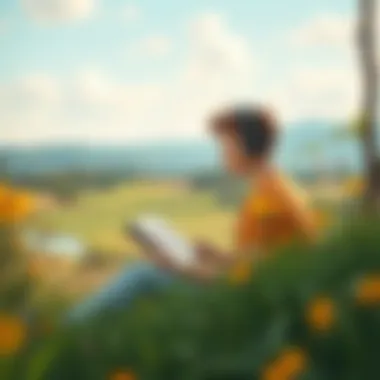 Listening to Audiobooks in Nature A serene landscape with a person listening to an audiobook outdoors