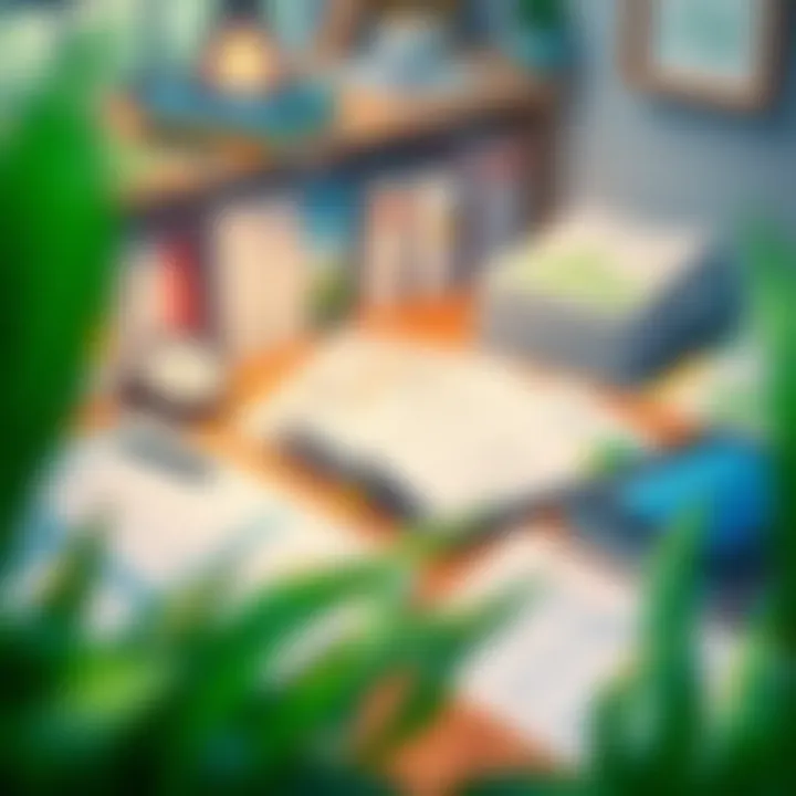 Financial Planning Workspace A serene workspace with a notebook and financial planning resources spread out