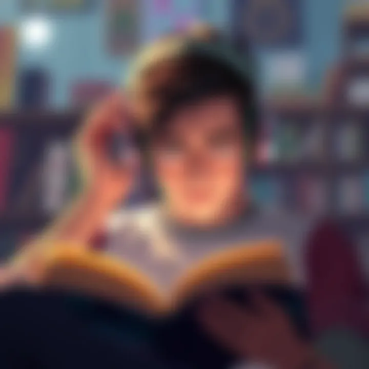 An individual immersed in listening to an audiobook with headphones