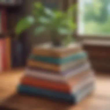 A stack of transformative books on a wooden table