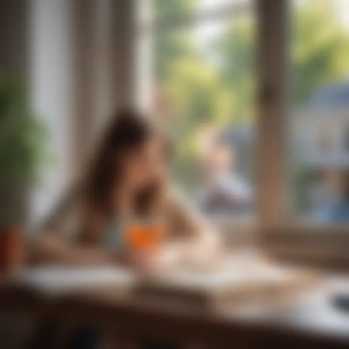 A person journaling by a window with a cup of tea