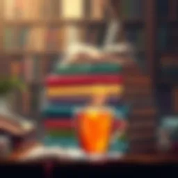 A stack of classic literature books with a warm cup of tea