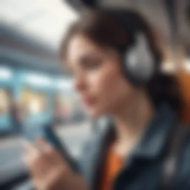 A graphic of a person immersed in an audiobook on a commute