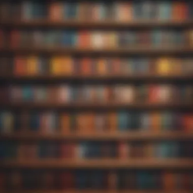 A collection of diverse books arranged on a wooden shelf, showcasing various genres and colors.