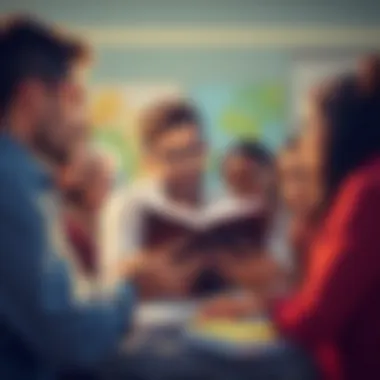 Engaging Leadership Conversations A diverse group engaged in discussion over a leadership book, sharing insights