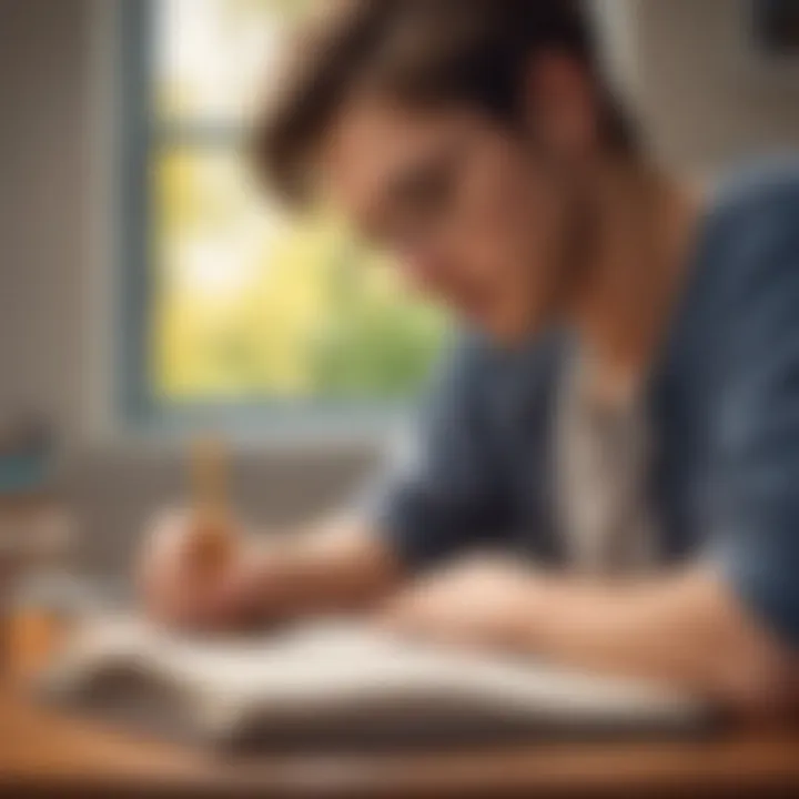 A young adult reflecting while writing in a journal, embodying self-discovery and critical thinking.