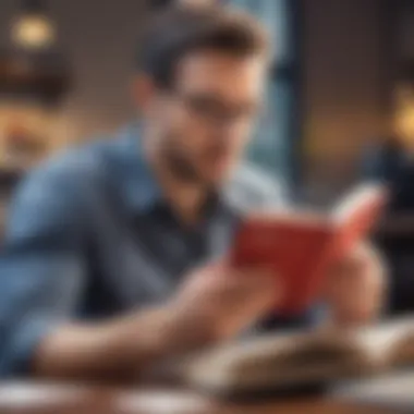 An entrepreneur reading a marketing book with notes and coffee