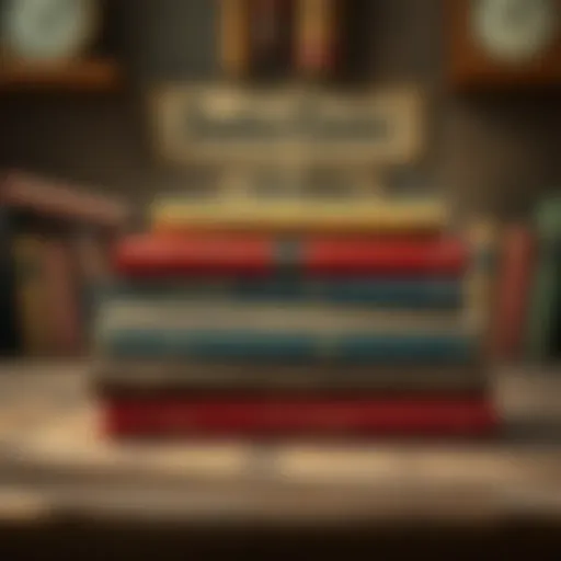 A stack of classic novels with a vintage backdrop