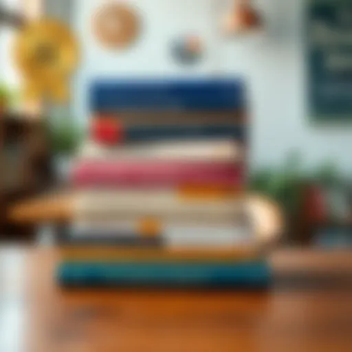 A stack of influential financial books on a wooden table.