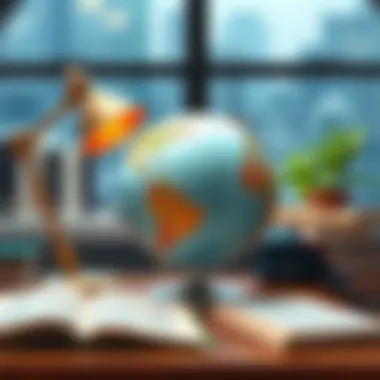 Navigating Global Economics through Literature A serene workspace with a globe and financial literature.