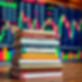 A stack of essential investment books with a backdrop of financial charts