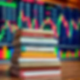 A stack of essential investment books with a backdrop of financial charts