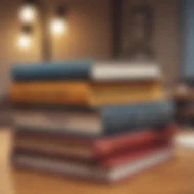 A collection of influential leadership books stacked on a desk.