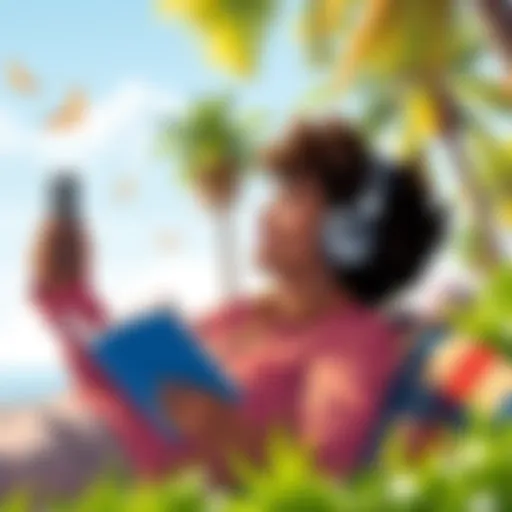 A person relaxing with headphones and enjoying an audiobook