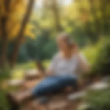 A person immersed in an audiobook while relaxing outdoors