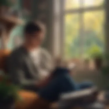 Introspection and Growth A person thoughtfully reading a book in a cozy setting, representing introspection and growth