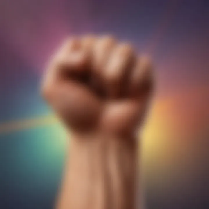 A close-up of a fist raised in triumph, symbolizing victory and the fight against adversity.