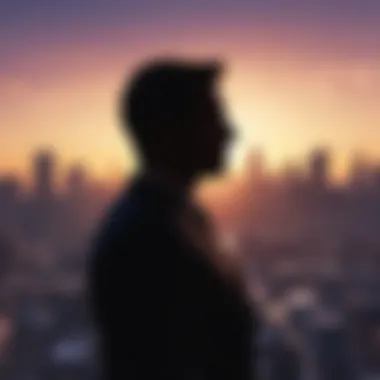 Visionary Leadership A silhouette of a leader against a backdrop of a cityscape, embodying vision and influence.