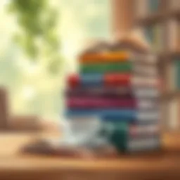 A stack of classic literature books with a cup of tea