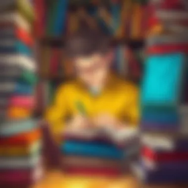 A person journaling while surrounded by books