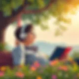 A serene setting with a person enjoying an audiobook with headphones on.