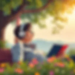 A serene setting with a person enjoying an audiobook with headphones on.