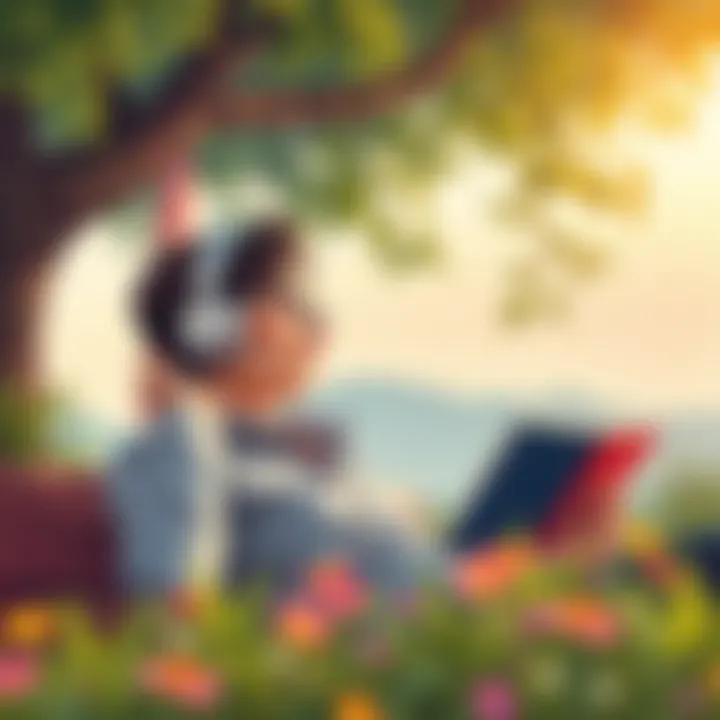 Enjoying Audiobooks in Peace A serene setting with a person enjoying an audiobook with headphones on.