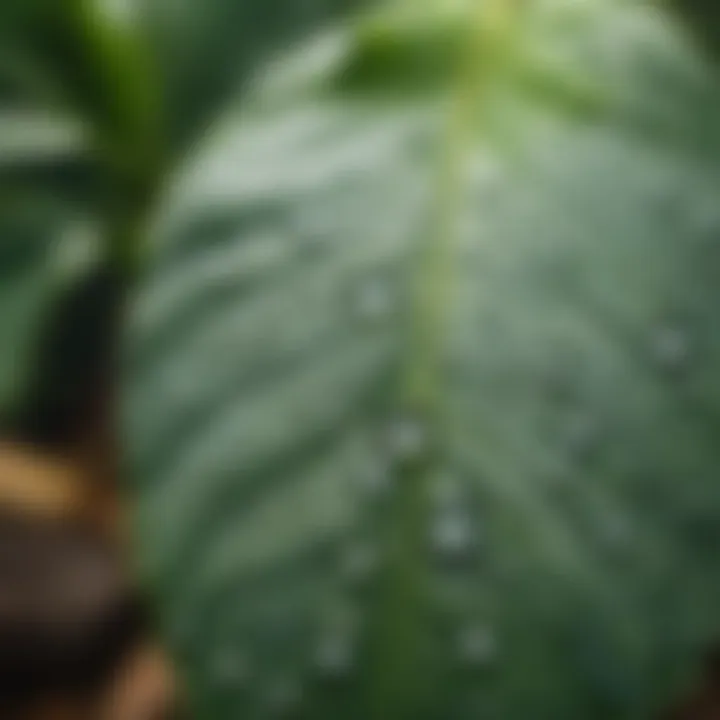 A close-up of water droplets on a leaf, showcasing nature's delicate beauty.