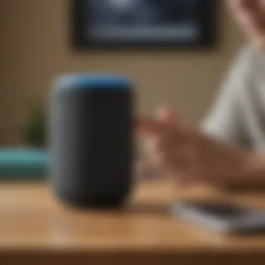 A person using a smart speaker to play an audiobook