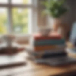 Books stacked on a desk with a laptop and coffee cup, symbolizing side hustles.