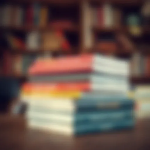 A stack of influential leadership books on a wooden table