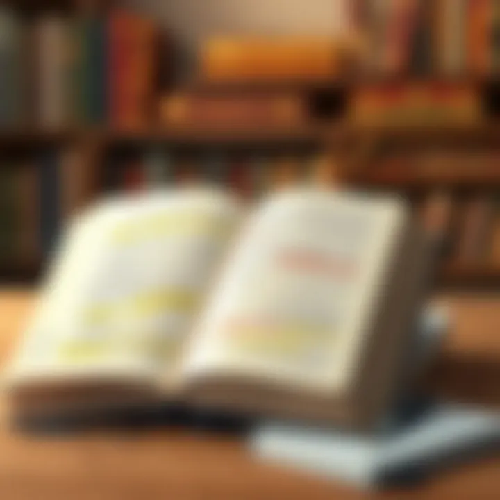 An open book with highlighted passages and a notebook beside it