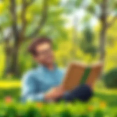A person reading a leadership book in a serene park setting