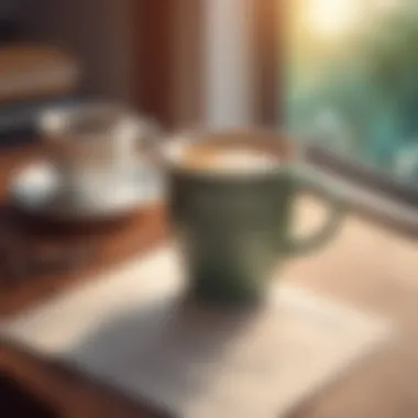 A close-up of a cup of coffee and a quote card on a table