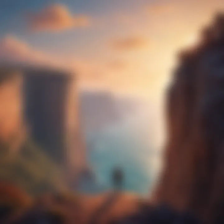 A solitary figure standing at the edge of a cliff, gazing into the vast horizon.