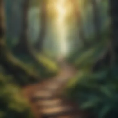 The Journey of Bravery A winding path through a dense forest, illustrating the journey of courage.
