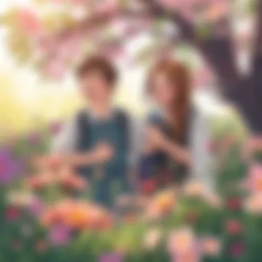 Friendship Blossoming in Nature Two friends bonding amidst blooming flowers, showcasing friendship