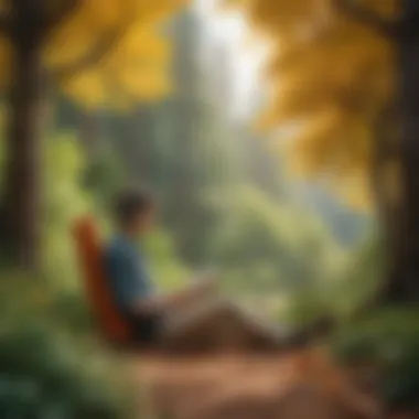 Illustration of a person listening to an audiobook in a serene environment