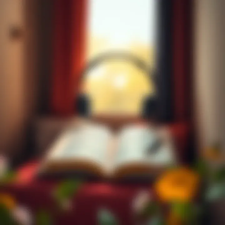 Cozy Reading Nook with Headphones A cozy reading nook with headphones and an open book