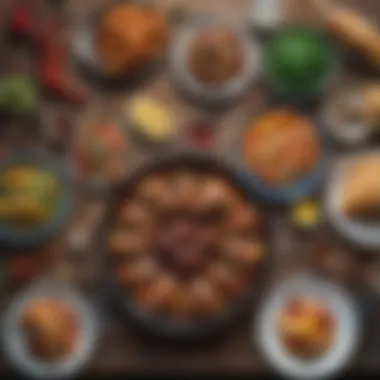 Close-up of a beautifully arranged traditional meal on a rustic table.