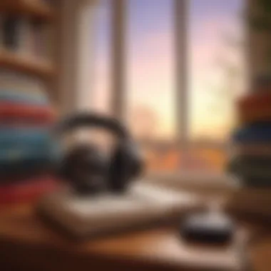 Relaxing Audiobook Experience A cozy reading nook with headphones and a stack of audiobooks.