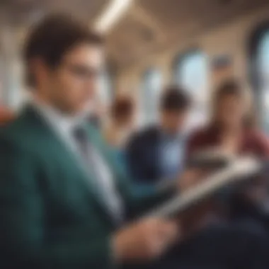 A busy professional reading a short business book during a commute.