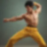 A poignant portrayal of Bruce Lee in a classic martial arts stance