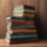 A collection of classic literature books stacked on a wooden shelf