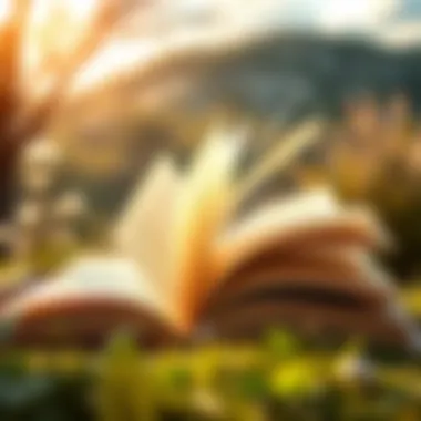 The Essence of Literature An open book with pages fluttering in the wind against a scenic backdrop