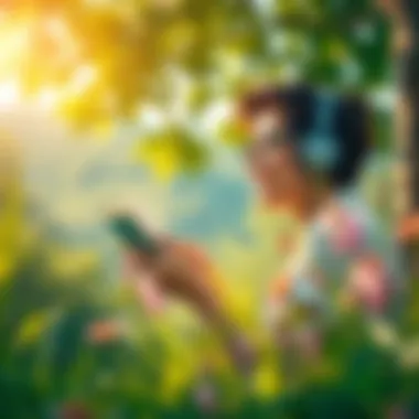 A person immersed in listening to an audiobook outdoors.