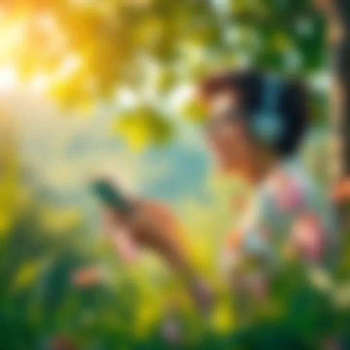 A person immersed in listening to an audiobook outdoors.