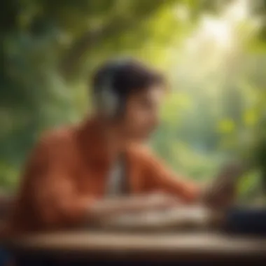Person listening to an audiobook in a serene environment