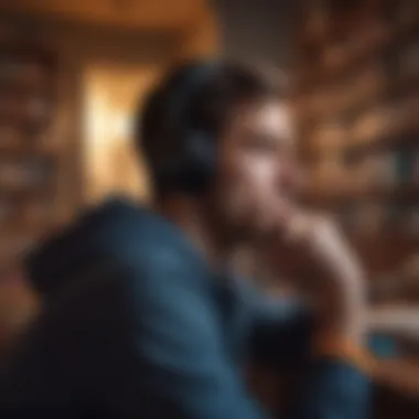 Immersive Listening Experience An individual lost in thought while listening to an audiobook, immersed in the story